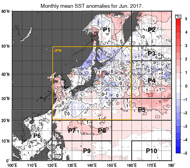 北西太平洋の月平均海面水温平年差分布図（2017年6月）