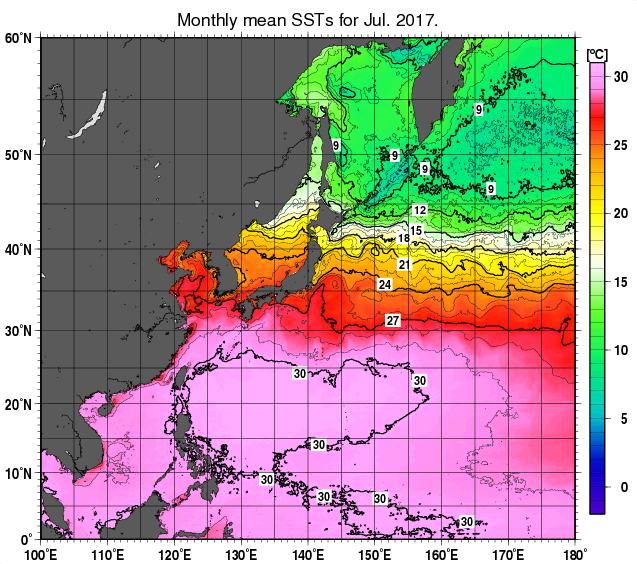 北西太平洋の月平均海面水温分布図（2017年7月）