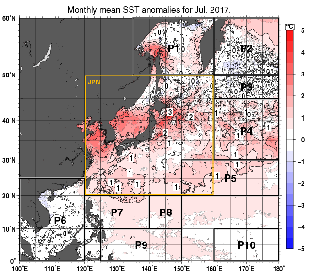 北西太平洋の月平均海面水温平年差分布図（2017年7月）