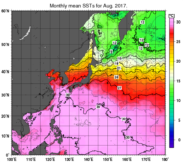 北西太平洋の月平均海面水温分布図（2017年8月）