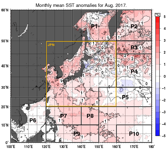 北西太平洋の月平均海面水温平年差分布図（2017年8月）