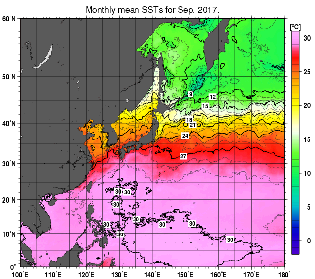 北西太平洋の月平均海面水温分布図（2017年9月）
