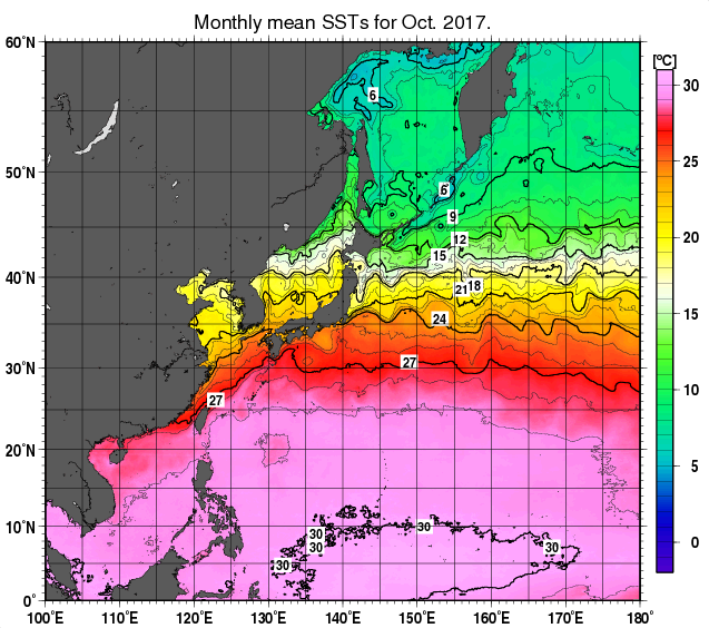 北西太平洋の月平均海面水温分布図（2017年10月）