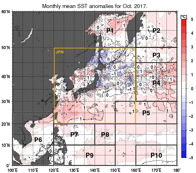 北西太平洋の月平均海面水温平年差分布図（2017年10月）