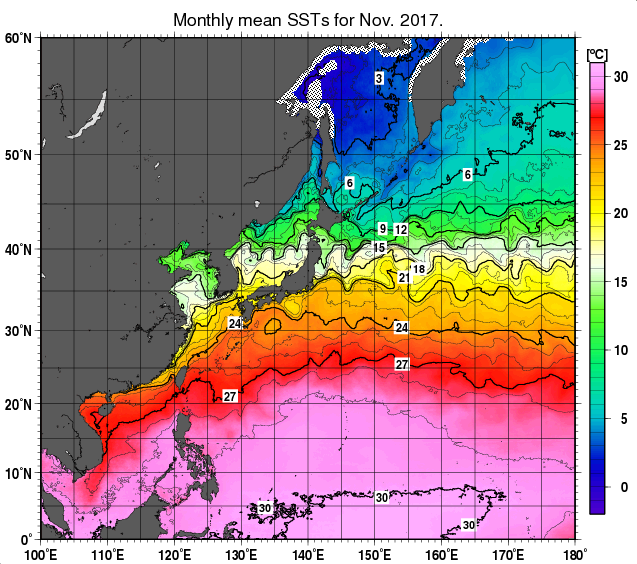 北西太平洋の月平均海面水温分布図（2017年11月）