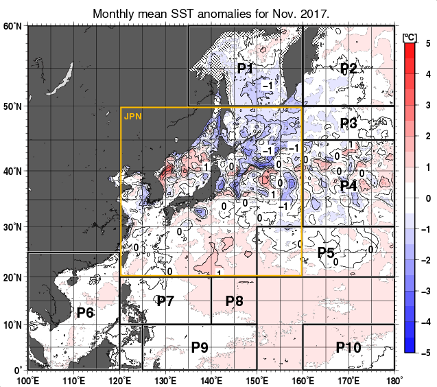 北西太平洋の月平均海面水温平年差分布図（2017年11月）