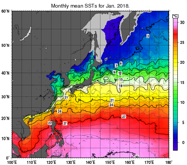 北西太平洋の月平均海面水温分布図（2018年1月）