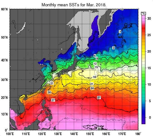 北西太平洋の月平均海面水温分布図（2018年3月）