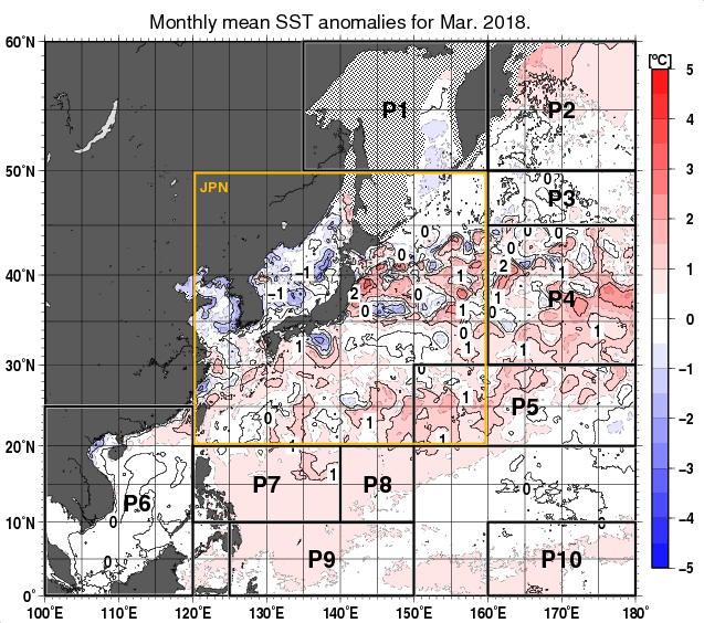 北西太平洋の月平均海面水温平年差分布図（2018年3月）