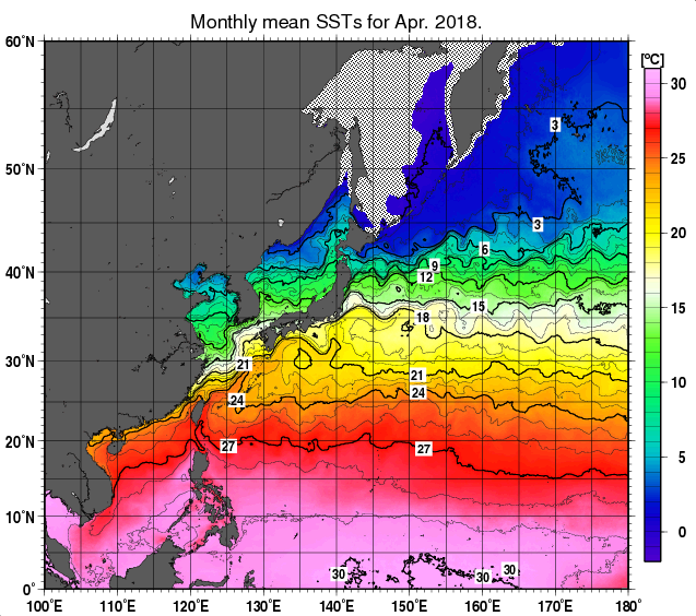 北西太平洋の月平均海面水温分布図（2018年4月）