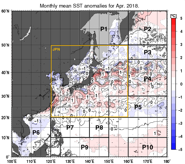 北西太平洋の月平均海面水温平年差分布図（2018年4月）