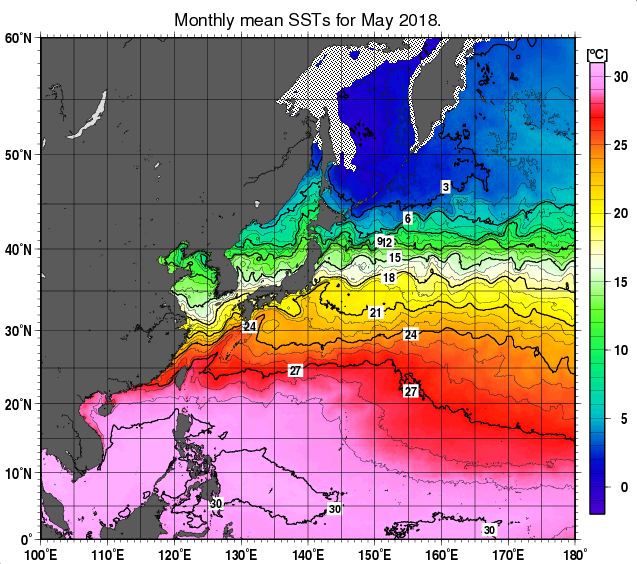 北西太平洋の月平均海面水温分布図（2018年5月）