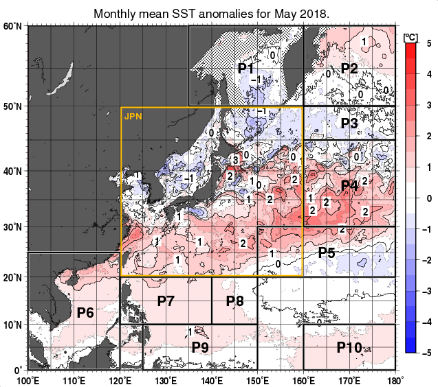 北西太平洋の月平均海面水温平年差分布図（2018年5月）