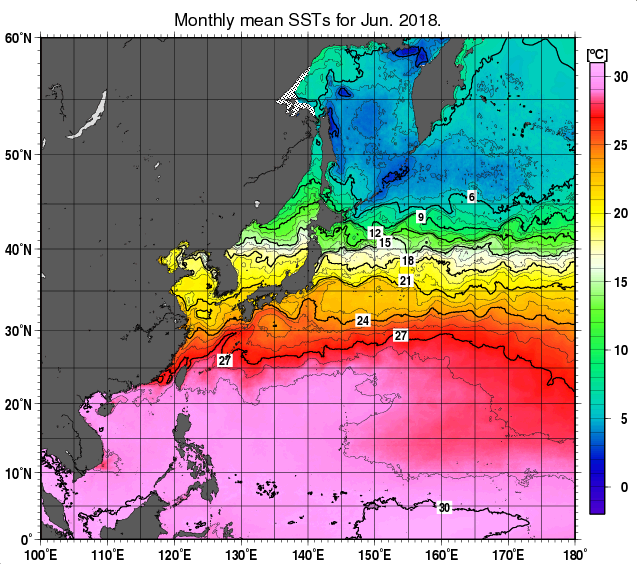 北西太平洋の月平均海面水温分布図（2018年6月）