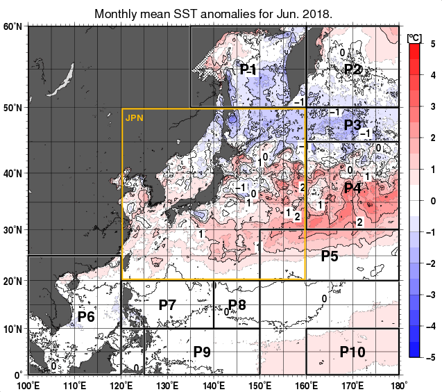 北西太平洋の月平均海面水温平年差分布図（2018年6月）