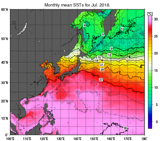 北西太平洋の月平均海面水温分布図（2018年7月）