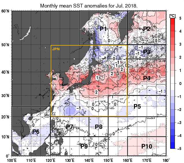 北西太平洋の月平均海面水温平年差分布図（2018年7月）