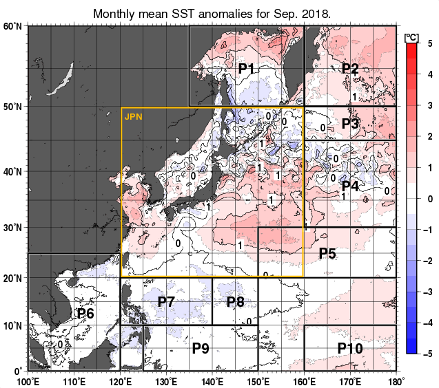 北西太平洋の月平均海面水温平年差分布図（2018年9月）