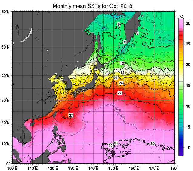 北西太平洋の月平均海面水温分布図（2018年10月）