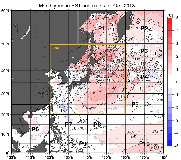 北西太平洋の月平均海面水温平年差分布図（2018年10月）
