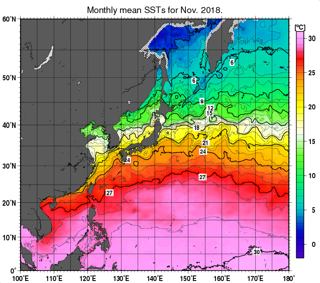 北西太平洋の月平均海面水温分布図（2018年11月）