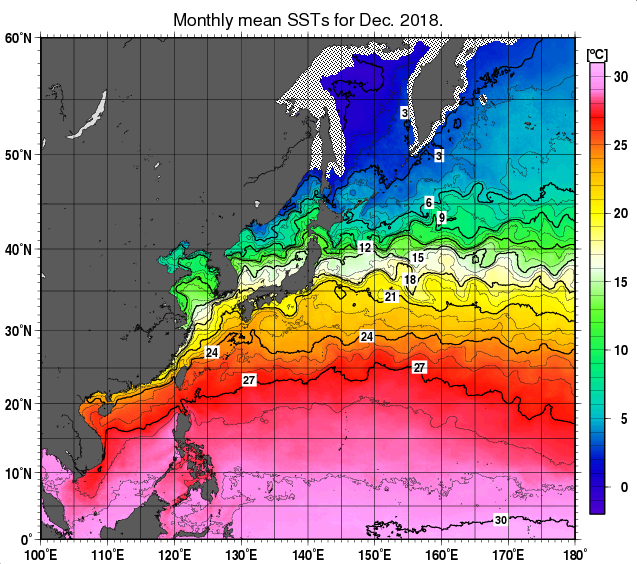 北西太平洋の月平均海面水温分布図（2018年12月）