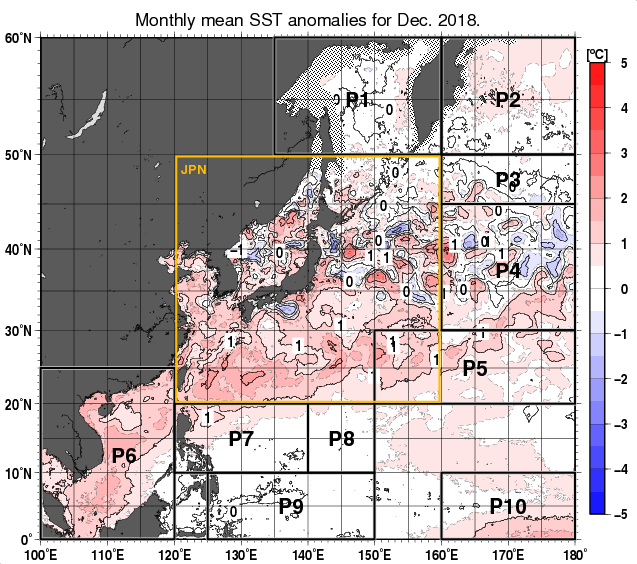 北西太平洋の月平均海面水温平年差分布図（2018年12月）