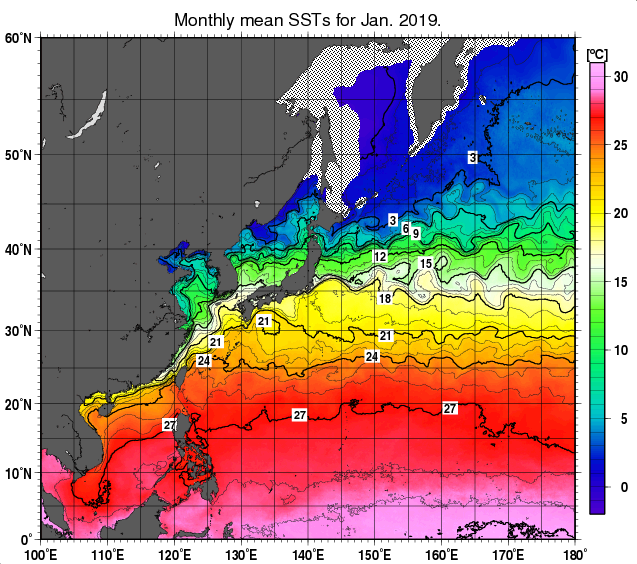 北西太平洋の月平均海面水温分布図（2019年1月）