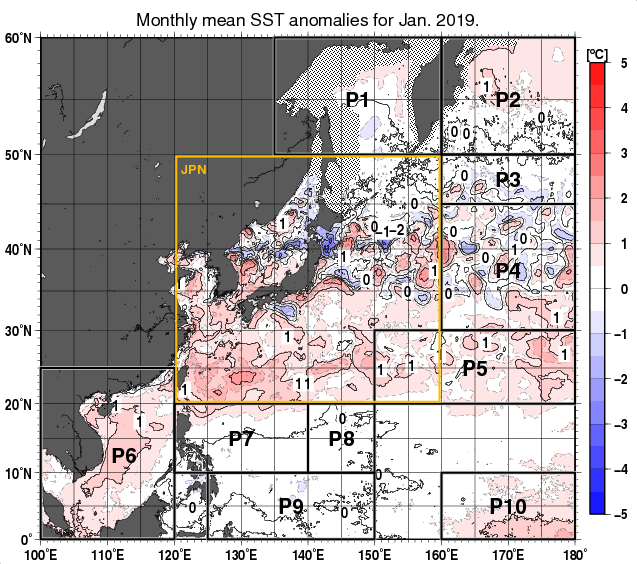 北西太平洋の月平均海面水温平年差分布図（2019年1月）