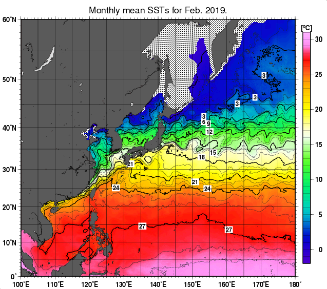 北西太平洋の月平均海面水温分布図（2019年2月）