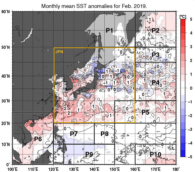 北西太平洋の月平均海面水温平年差分布図（2019年2月）