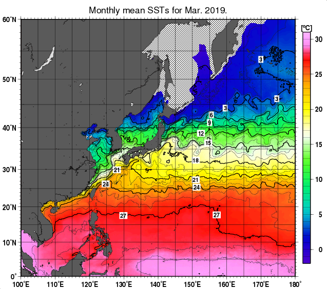 北西太平洋の月平均海面水温分布図（2019年3月）