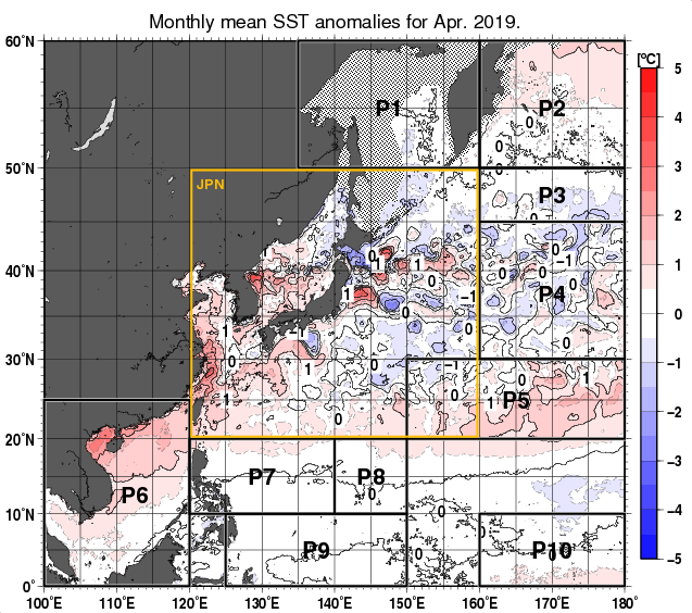 北西太平洋の月平均海面水温平年差分布図（2019年4月）