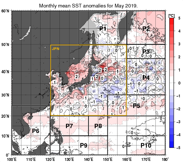 北西太平洋の月平均海面水温平年差分布図（2019年5月）
