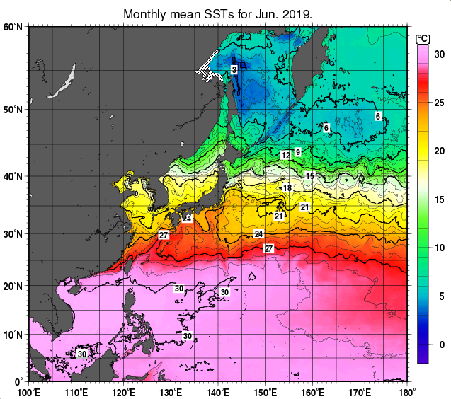 北西太平洋の月平均海面水温分布図（2019年6月）