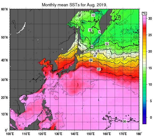 北西太平洋の月平均海面水温分布図（2019年8月）