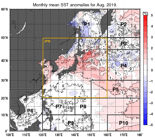 北西太平洋の月平均海面水温平年差分布図（2019年8月）