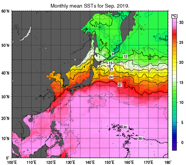 北西太平洋の月平均海面水温分布図（2019年9月）