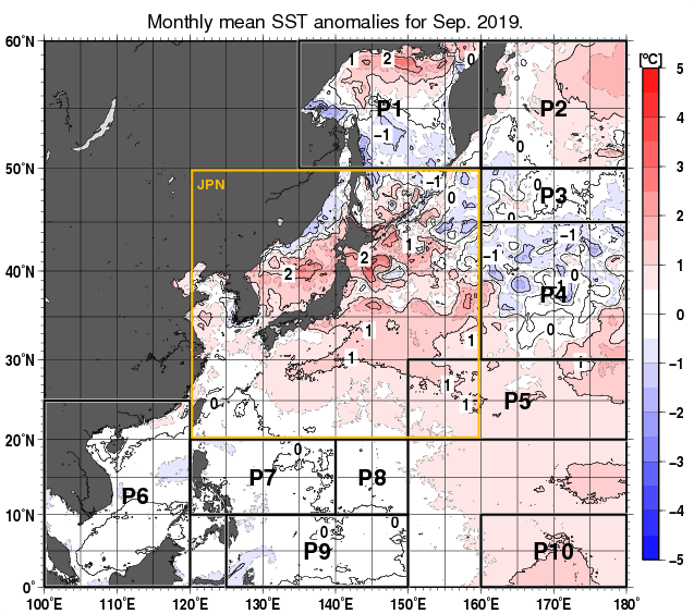 北西太平洋の月平均海面水温平年差分布図（2019年9月）