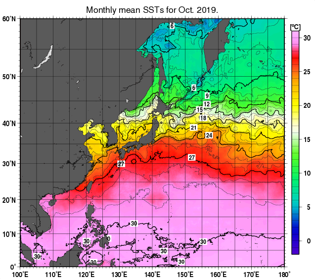 北西太平洋の月平均海面水温分布図（2019年10月）