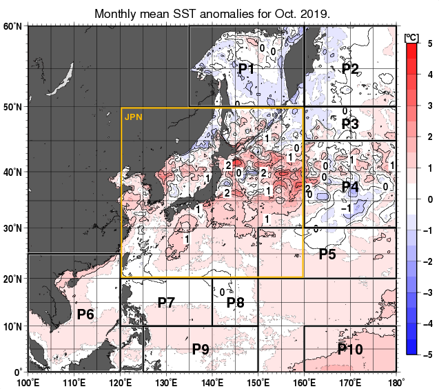 北西太平洋の月平均海面水温平年差分布図（2019年10月）