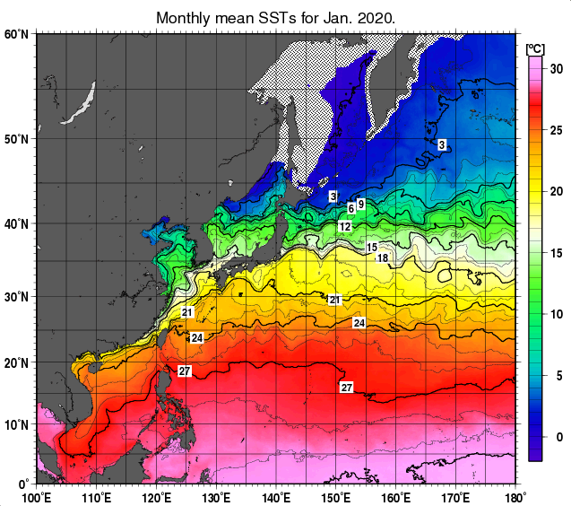 北西太平洋の月平均海面水温分布図（2020年1月）