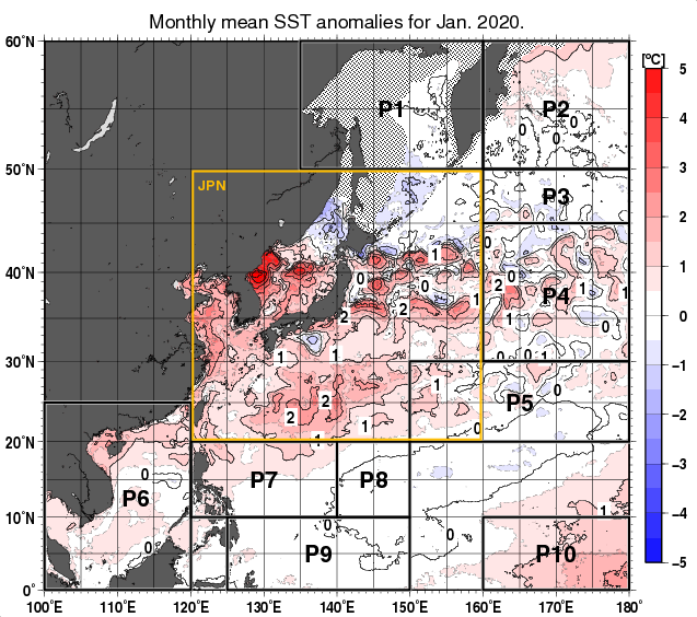 北西太平洋の月平均海面水温平年差分布図（2020年1月）