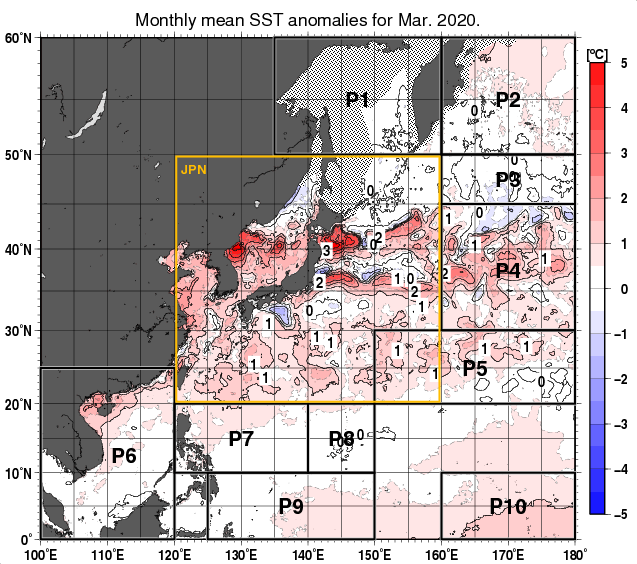 北西太平洋の月平均海面水温平年差分布図（2020年3月）