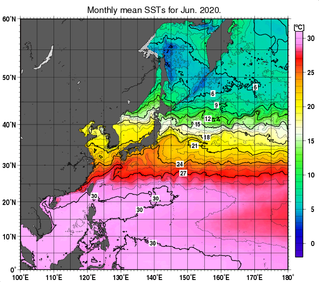 北西太平洋の月平均海面水温分布図（2020年6月）