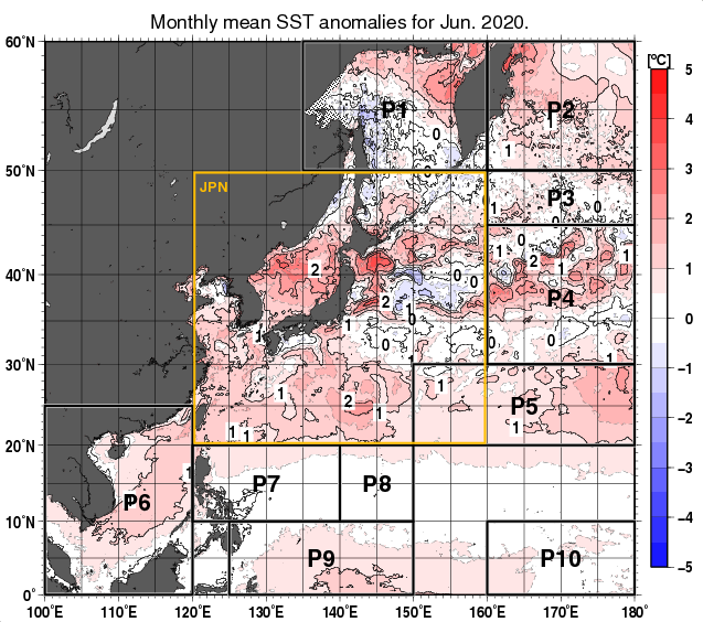 北西太平洋の月平均海面水温平年差分布図（2020年6月）