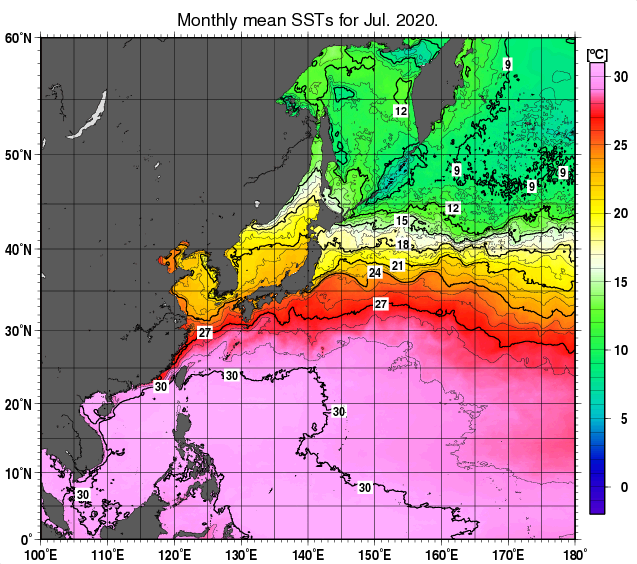 北西太平洋の月平均海面水温分布図（2020年7月）