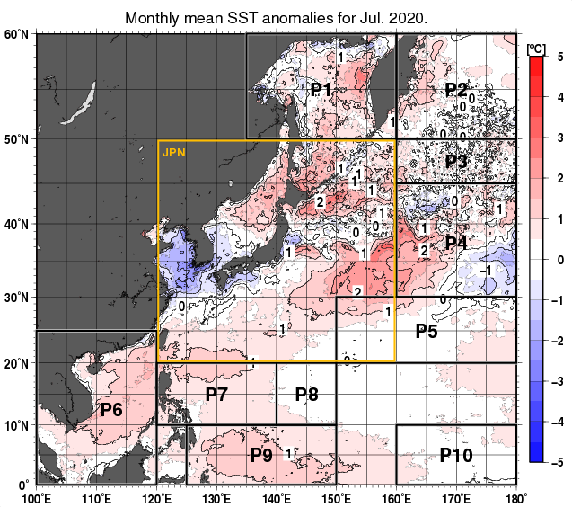 北西太平洋の月平均海面水温平年差分布図（2020年7月）