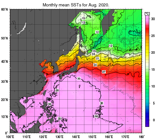 北西太平洋の月平均海面水温分布図（2020年8月）