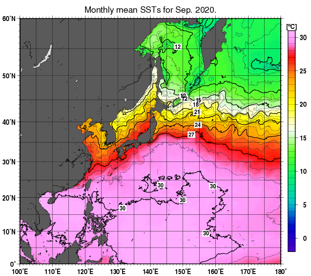 北西太平洋の月平均海面水温分布図（2020年9月）